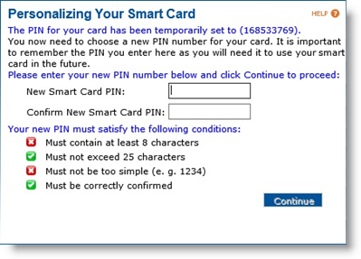 User portal page for Personalizing Your Smart Card where you can set and confirm a new PIN, with a Continue button at the bottom of the screen